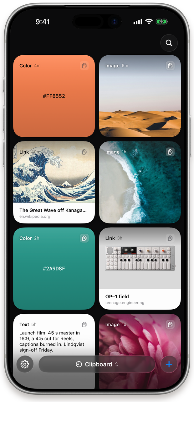 The Just Copy iPhone app: its own recent copies as light cards on a dark canvas.