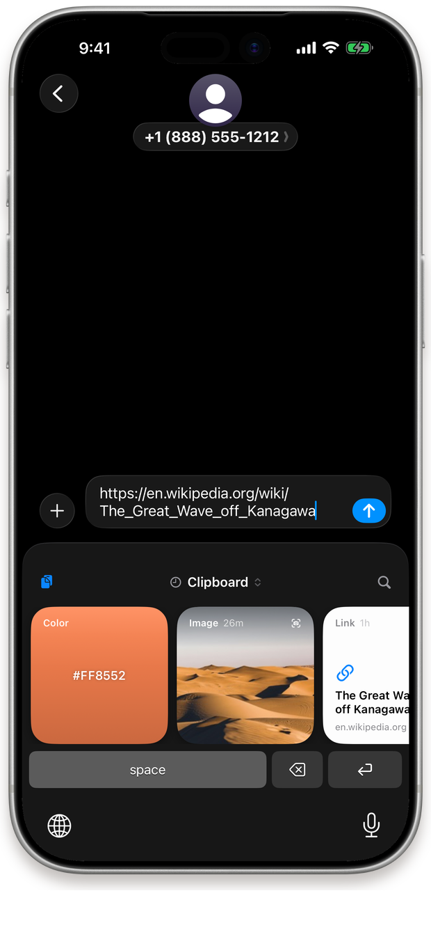 Messages on iPhone with the Just Copy keyboard open: a row of cards where the keys would be